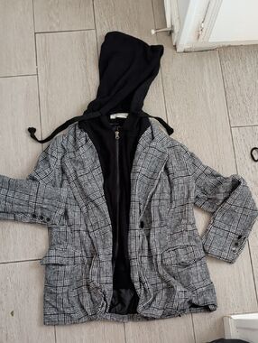 Vintage Havana Black Hooded Gray Plaid Blazer